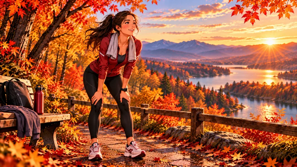 Beginner runner celebrating consistent progress after a fall workout.