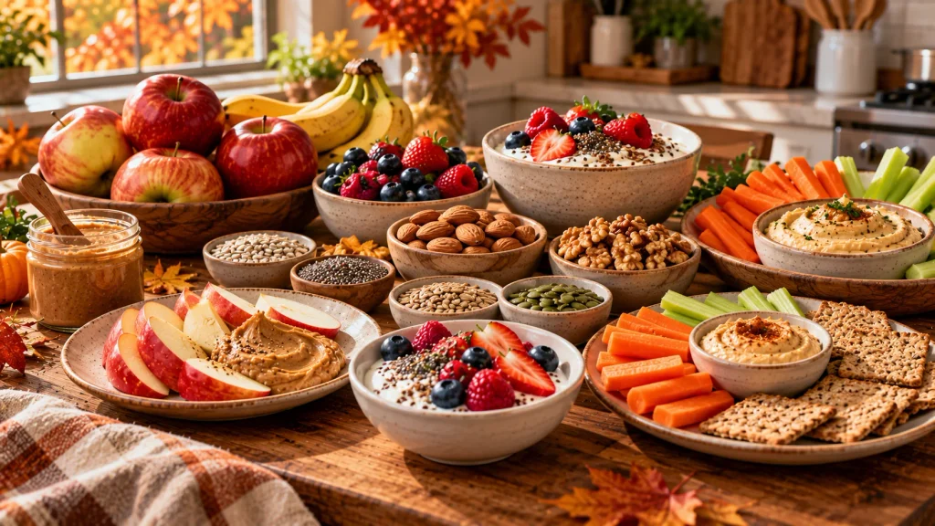 Healthy fall snacks with apples, berries, Greek yogurt, nuts, carrots, hummus, and nut butter.