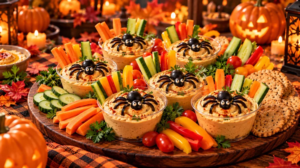 Spider-style hummus cups served with carrots, cucumbers, bell peppers, and whole-grain crackers.