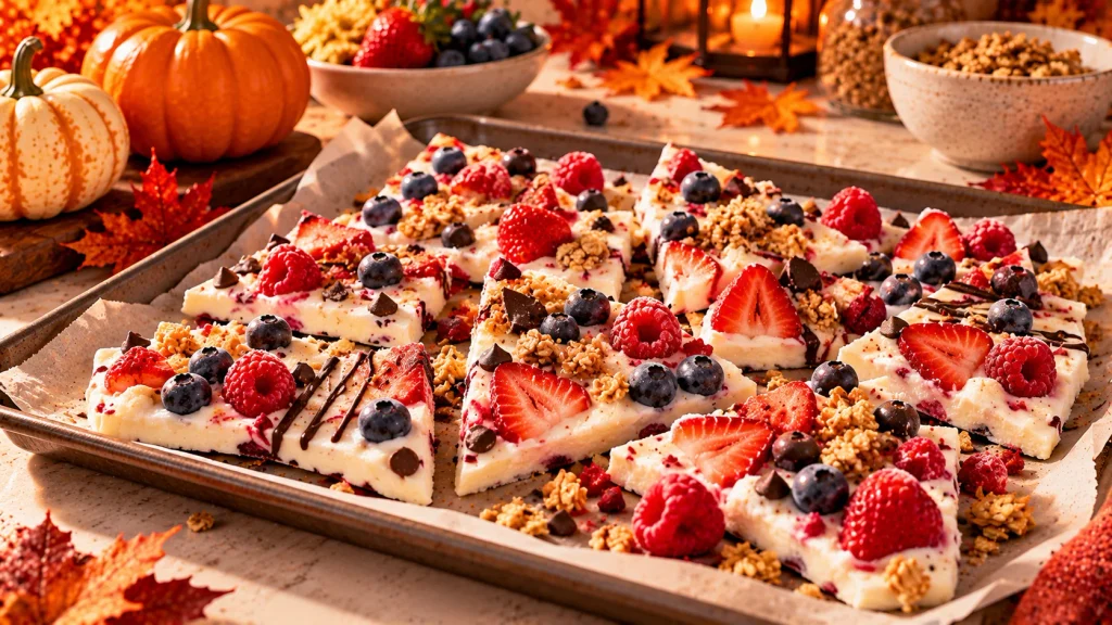 Frozen yogurt bark pieces topped with strawberries, blueberries, granola, and chocolate on parchment paper.