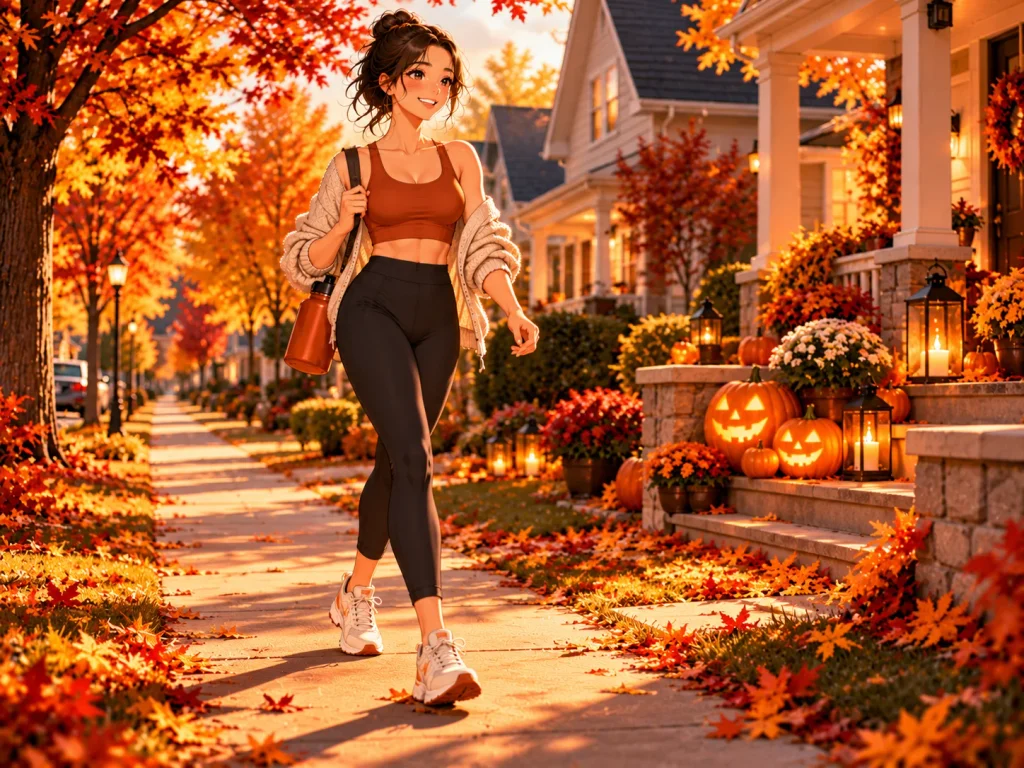 Woman walking on a residential American autumn sidewalk decorated with Halloween pumpkins and colorful fall leaves.