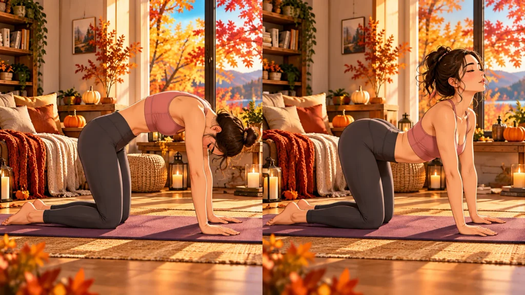 Woman performing Cat-Cow yoga stretch for gentle spinal mobility during fall.