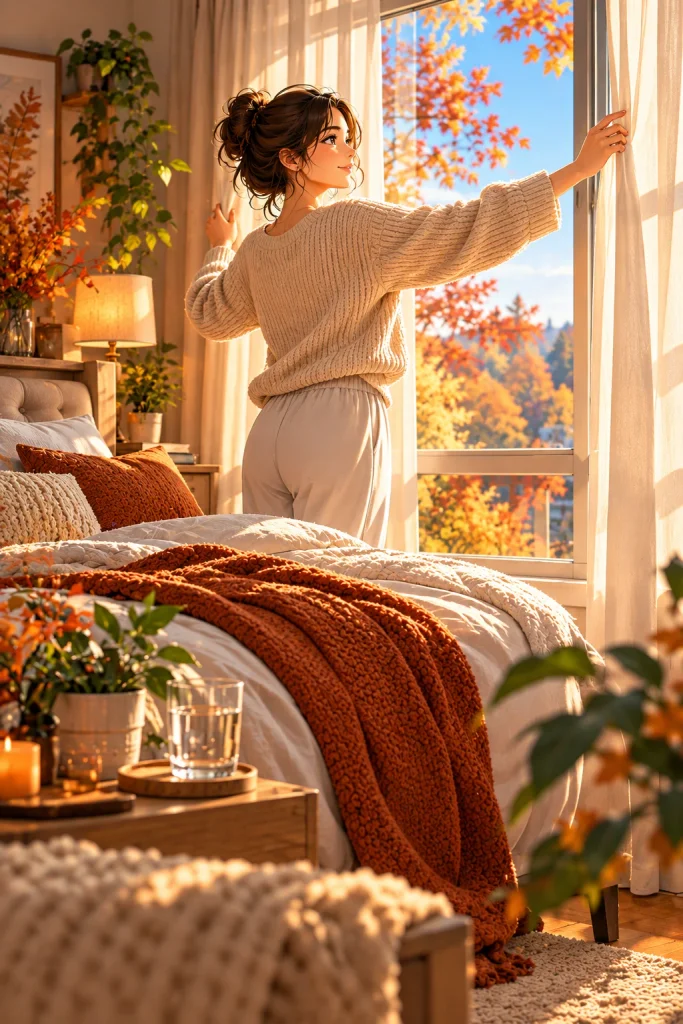 Slow fall morning routine with natural light, water and a calm bedroom