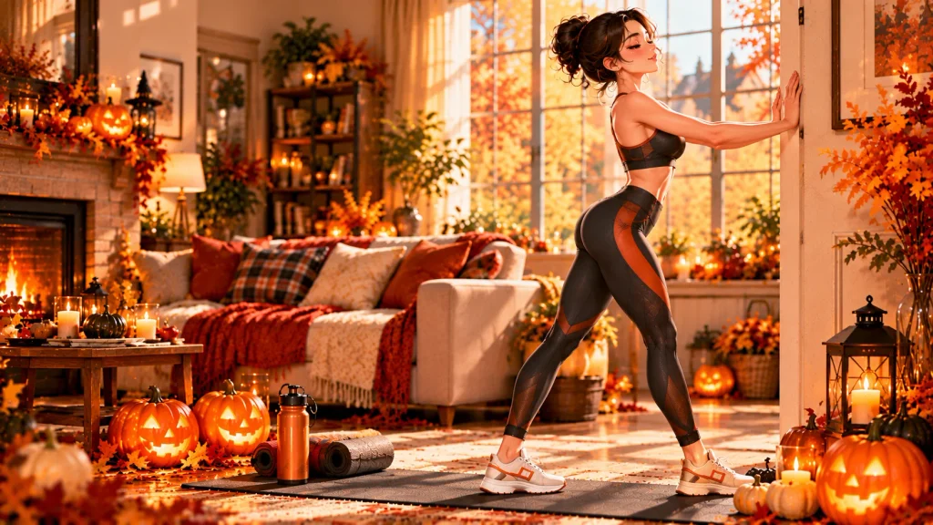 Woman cooling down with a gentle stretch after a Halloween morning home workout.