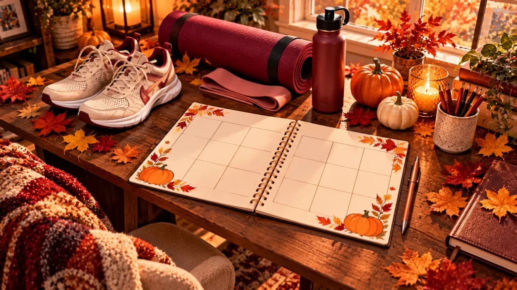 Anime-style autumn fitness planning scene with a blank weekly calendar, walking shoes and yoga mat on a wooden desk.