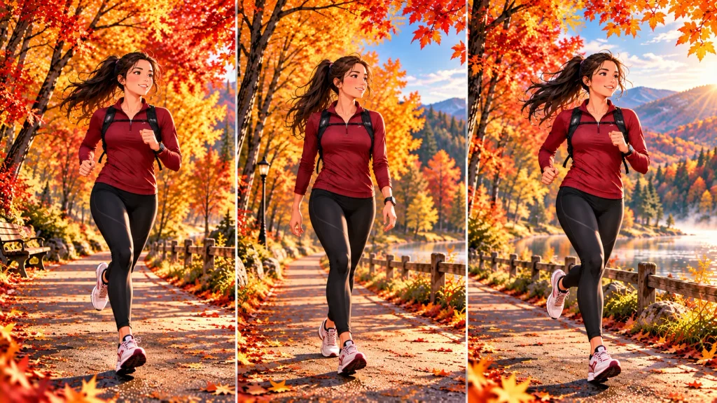 Beginner runner using a run-walk workout on an autumn trail.