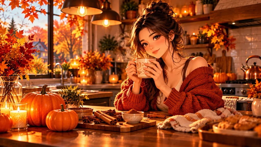 Anime-style illustration of a woman enjoying cinnamon tea in a cozy autumn kitchen with seasonal spices and pumpkin decorations.