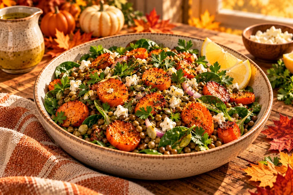Lentil and roasted carrot salad with spinach, parsley, and lemon olive oil dressing.