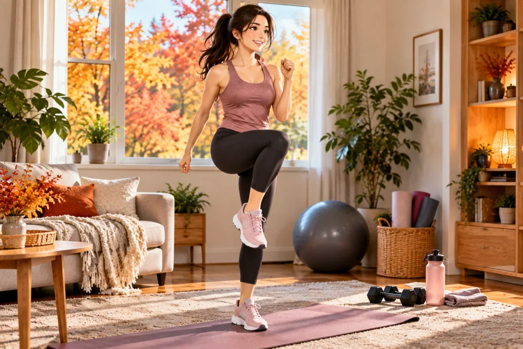 Beginner performing marching in place for a low-impact cardio workout at home.