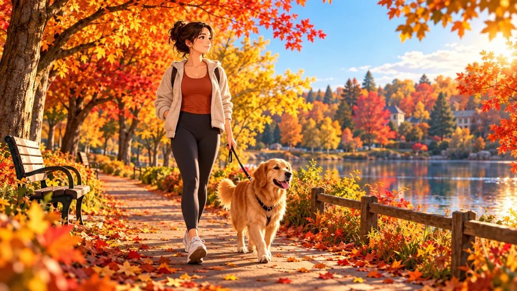 American adult taking a gentle fall walk through an autumn park