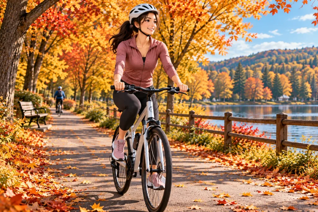 Beginner cyclist riding safely on an autumn park trail during fall.