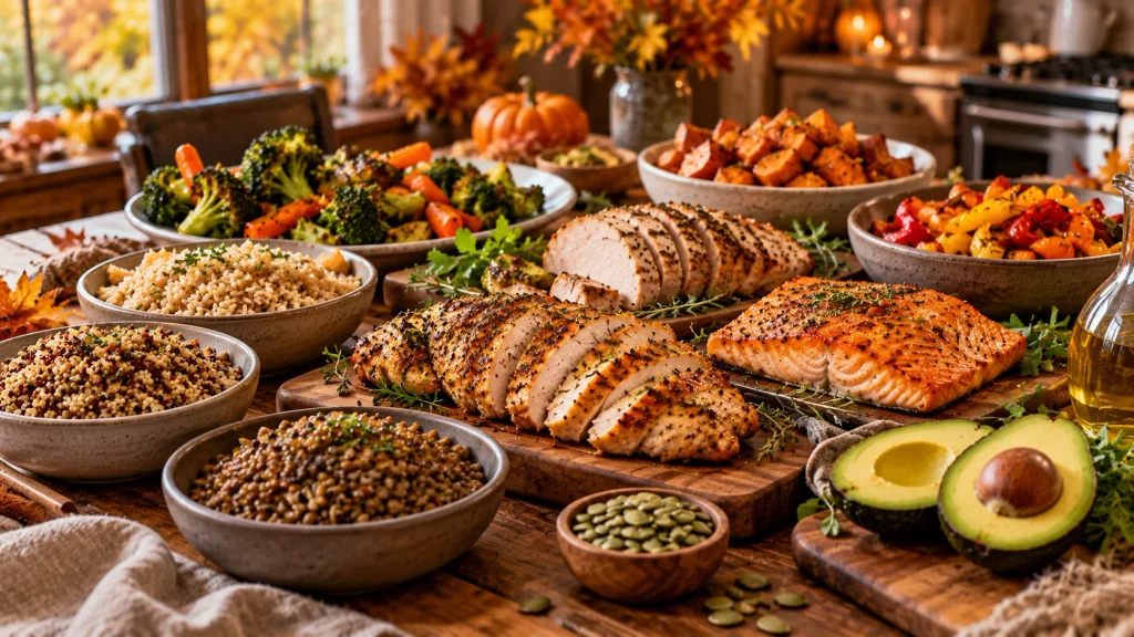 Balanced healthy fall dinner ingredients including protein, vegetables, whole grains and healthy fats.