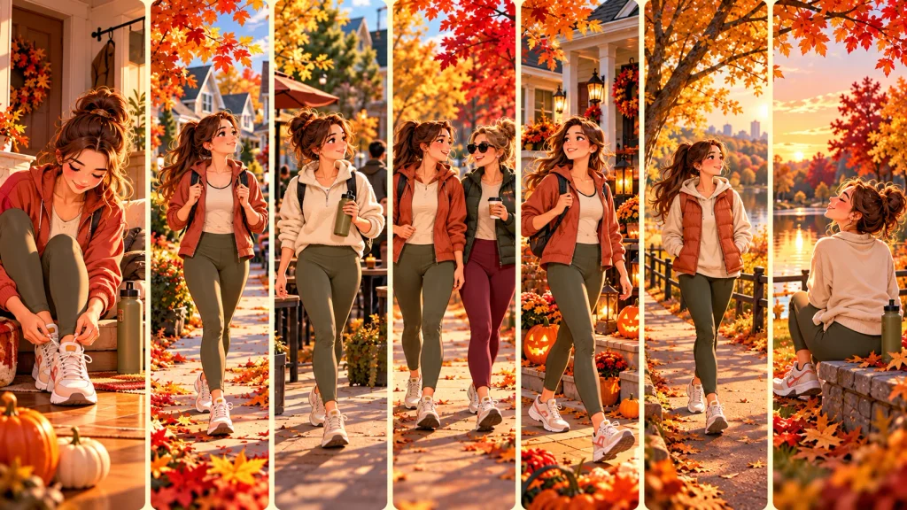 Seven anime-style autumn walking scenes illustrating a beginner-friendly Halloween walking challenge.