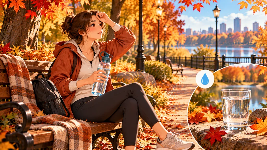 Anime-style woman resting on an autumn park bench with a water bottle, representing hydration awareness.