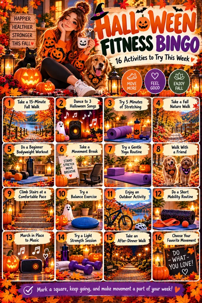 Autumn fitness essentials including walking shoes, yoga mat, resistance band and water bottle arranged with Halloween pumpkins.