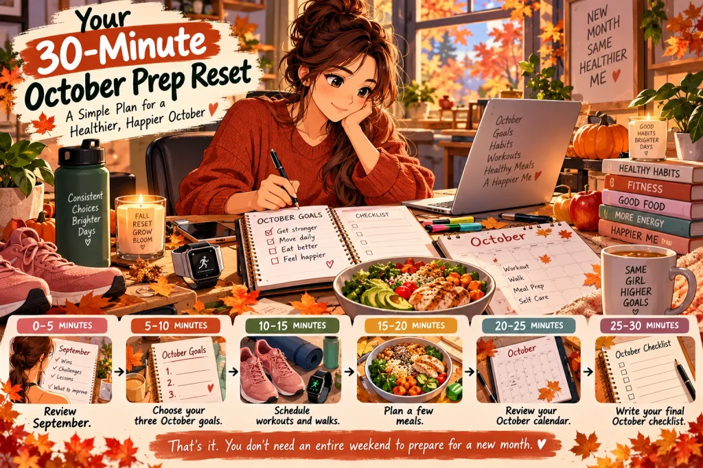 Anime-style American wellness routine showing a 30-minute October reset with planner, fitness schedule, meals, and calendar.