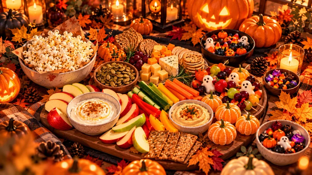 Halloween snack board featuring apple slices, yogurt dip, popcorn, hummus, vegetables, crackers, and fruit.