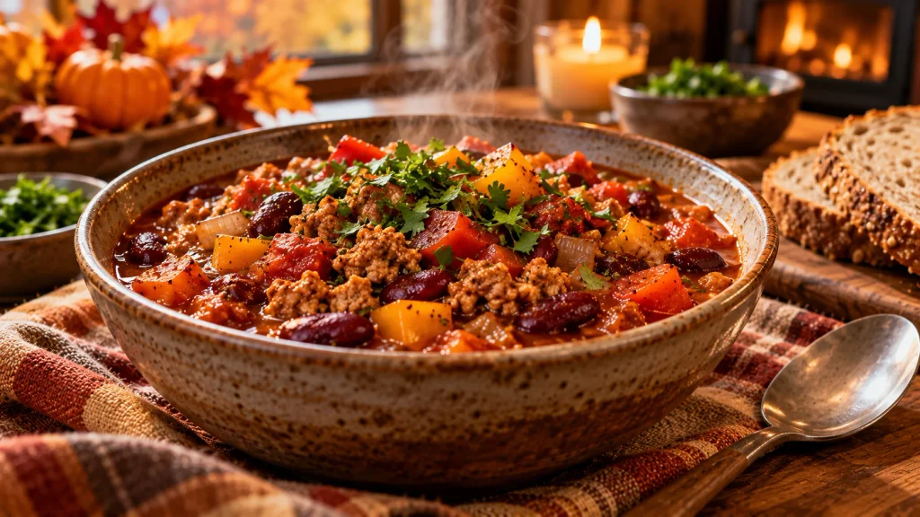 Healthy turkey and bean chili with tomatoes, peppers and beans served as a cozy fall dinner.