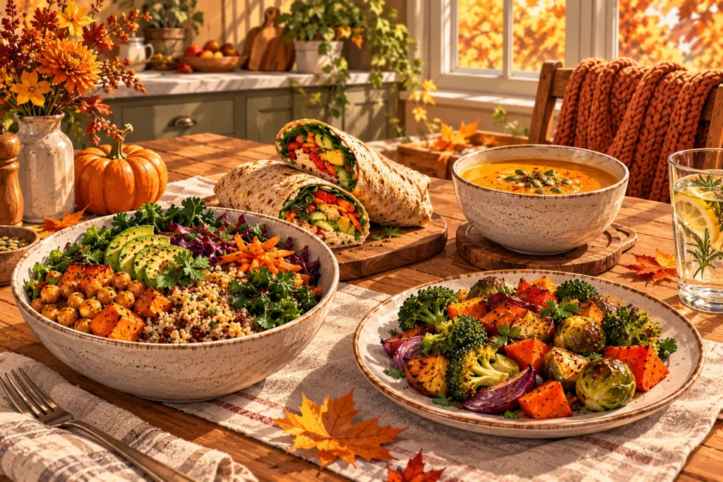 Cozy autumn lunch table with a healthy grain bowl, roasted vegetables, whole-wheat wrap, and warm squash soup.