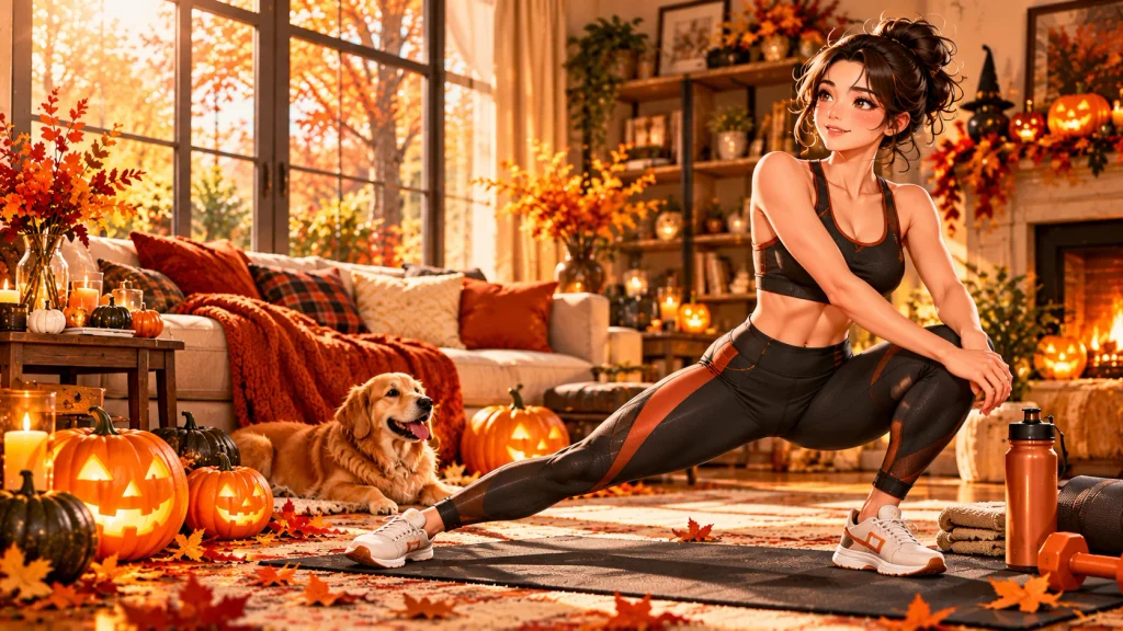 Woman enjoying gentle morning exercise in a cozy Halloween-decorated living room with autumn sunlight.