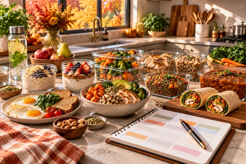Healthy fall meal planning with breakfast lunch and dinner prepared for the week