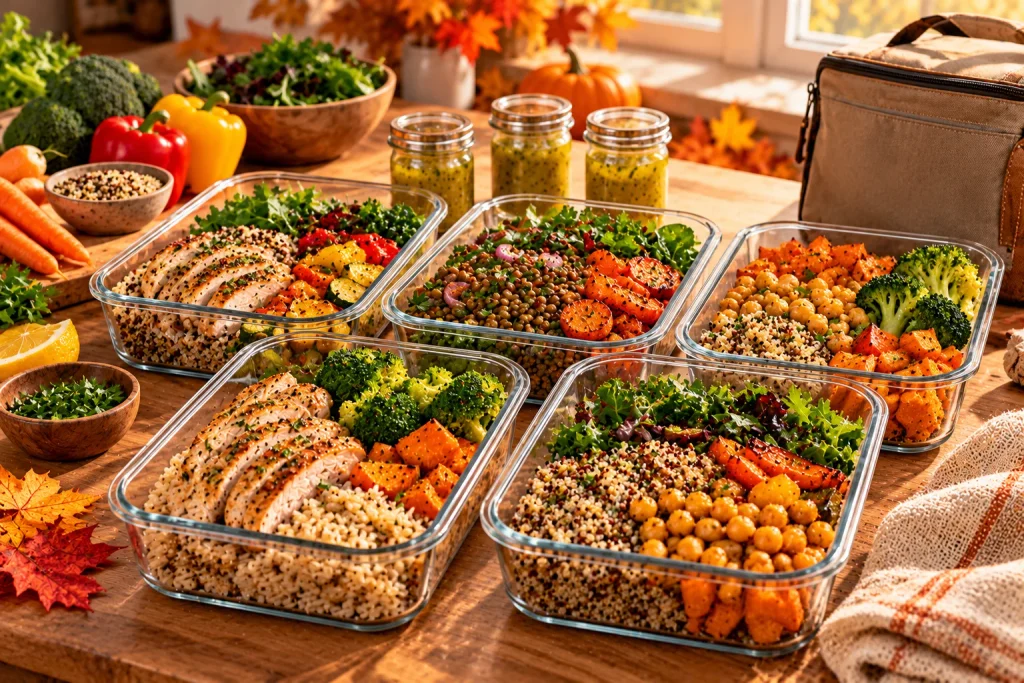 Healthy fall lunch meal prep with glass containers of chicken, lentils, quinoa, sweet potatoes, and roasted vegetables.