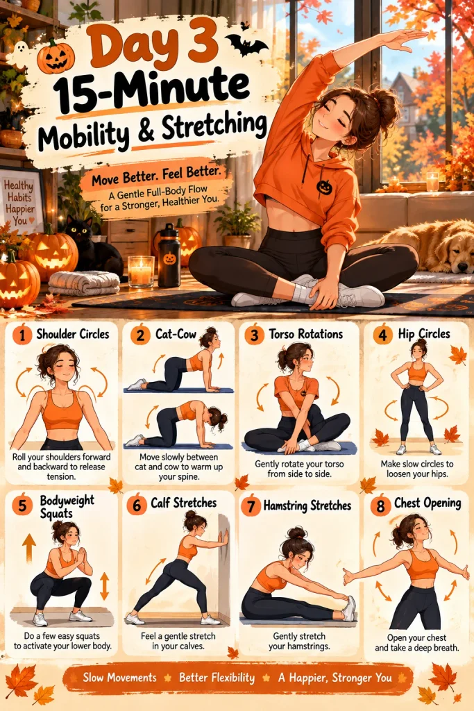 Anime-style person doing gentle stretching on a yoga mat beside a fall window.