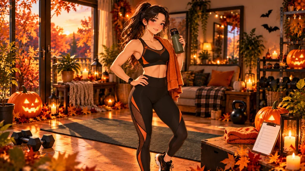 Anime-style woman celebrating the final day of a Halloween bodyweight workout beside her exercise mat and water bottle.