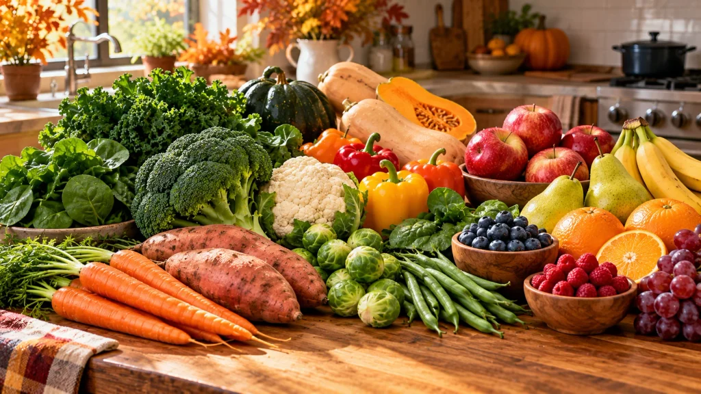 Fresh fall fruits and vegetables including apples, sweet potatoes, broccoli, kale, carrots, and winter squash.