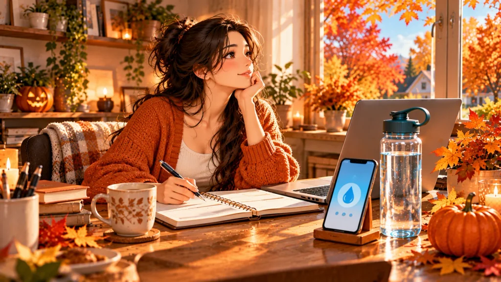 Reusable water bottle, smartphone, and notebook arranged on a cozy autumn home office desk.