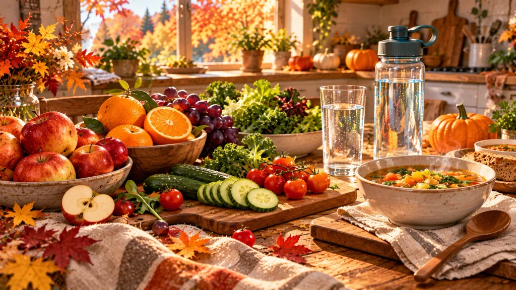 Colorful apples, grapes, oranges, cucumbers, and vegetable soup arranged on a cozy autumn table.