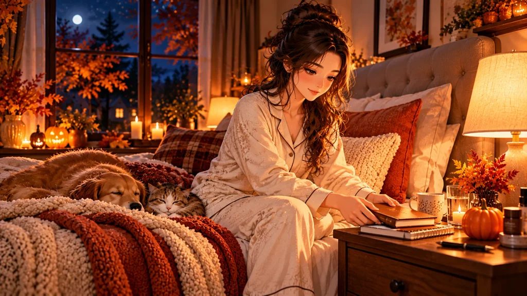 Anime-style woman preparing a relaxing fall night routine in a cozy October bedroom with a book and bedside lamp.