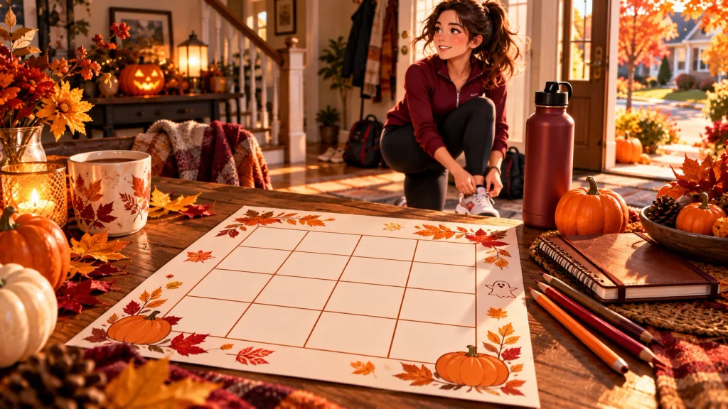 Anime-style Halloween fitness bingo activity sheet on a cozy autumn table with a journal, colored pencils and small pumpkins.