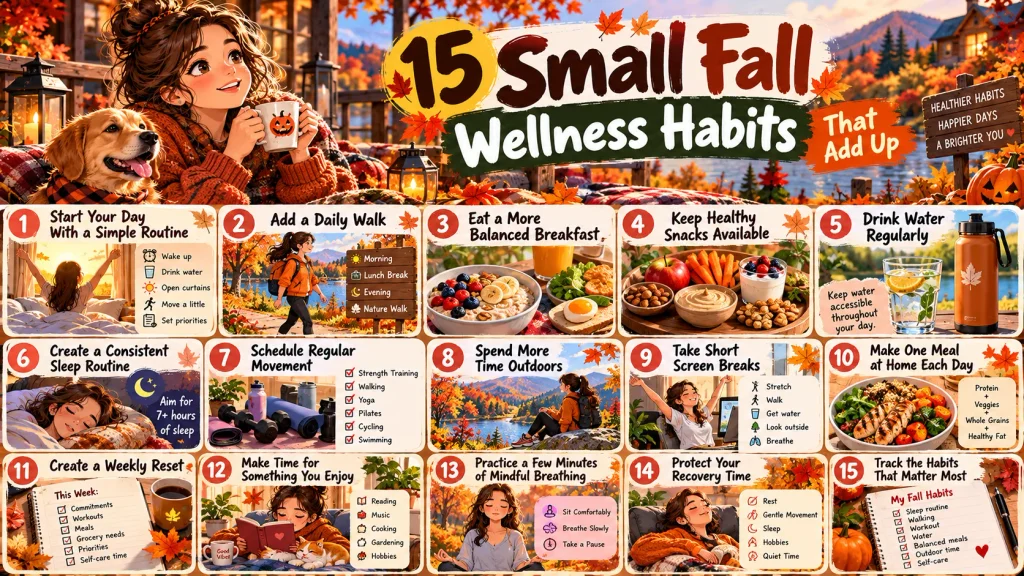 15 small fall wellness habits for healthy routines, fitness, hydration, sleep, balanced meals, outdoor activity, and recovery.