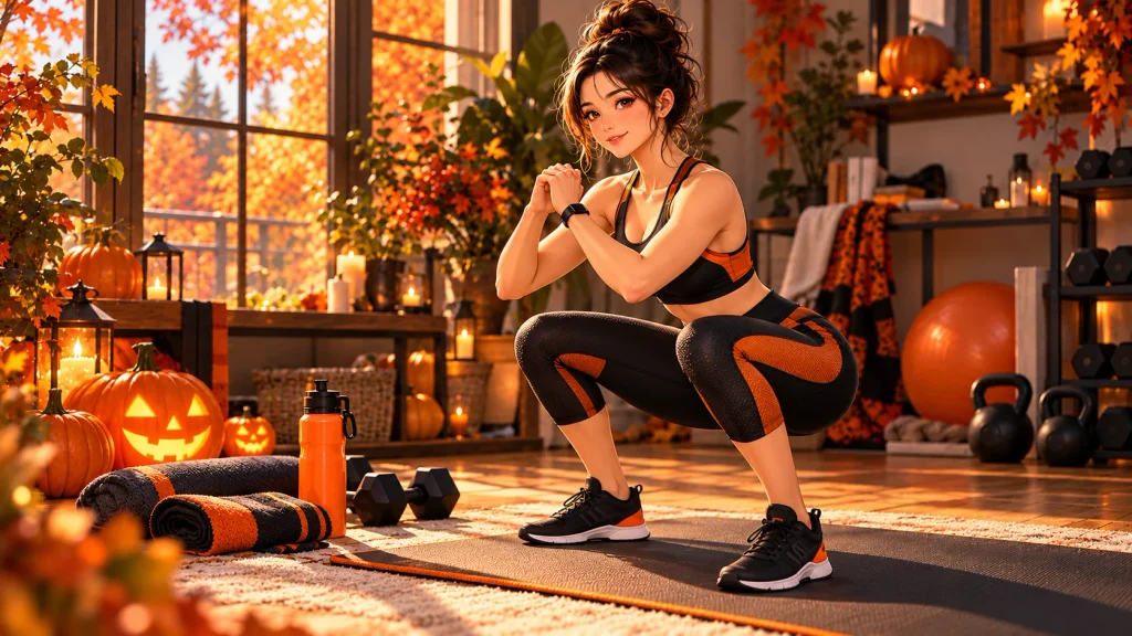 Anime-style woman performing a controlled bodyweight squat during a Halloween-themed lower-body workout at home.