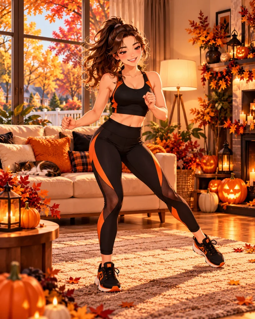 Beginner practicing simple dance cardio in a Halloween-themed living room.