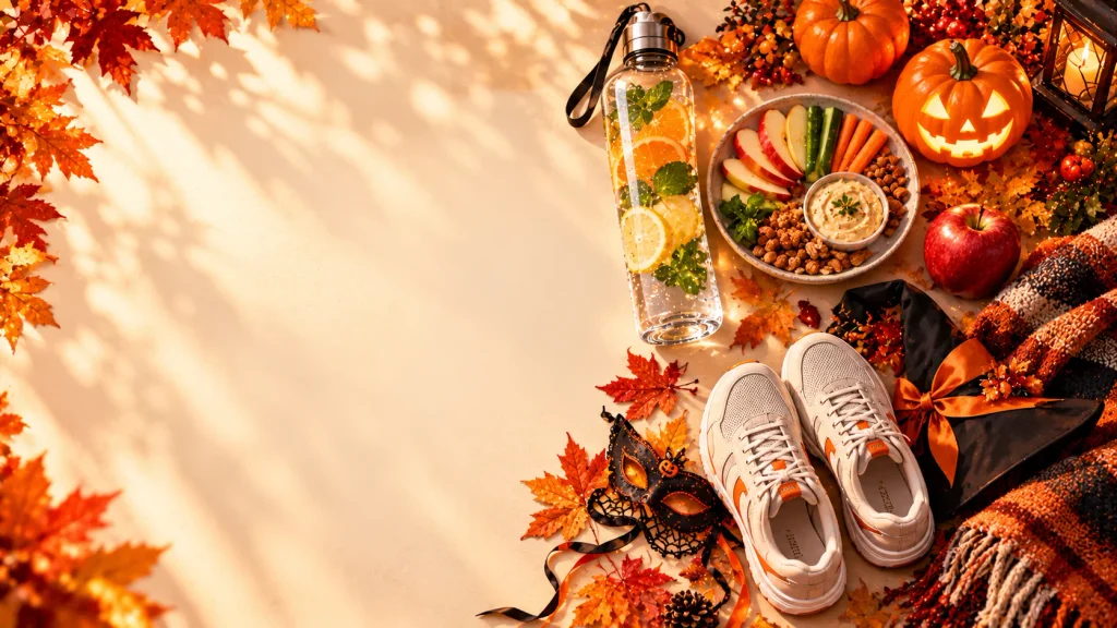 Halloween wellness essentials including water, fruit, sneakers, a cozy blanket, and pumpkin decorations.