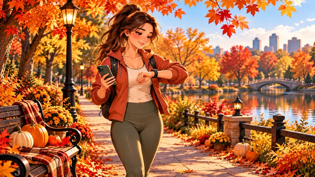Anime-style woman checking her fitness watch while setting a walking goal in an autumn park.