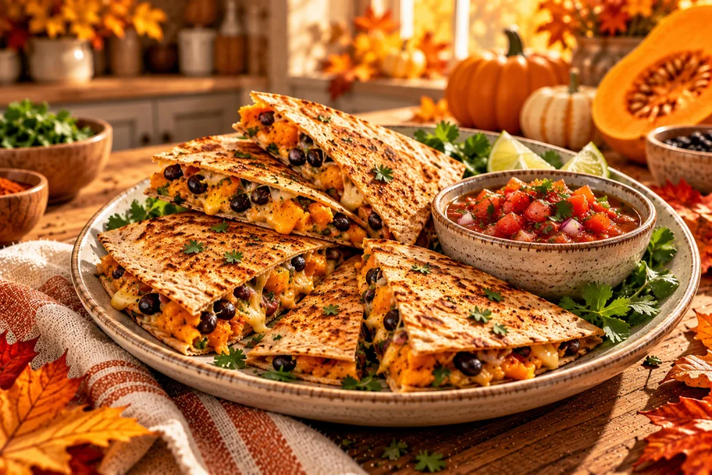 Pumpkin and black bean quesadilla with melted cheese, whole-wheat tortilla, and salsa.