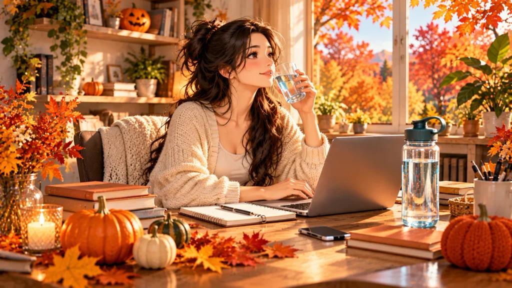 Anime-style illustration of a woman taking a water break at her home office during a busy fall workday.