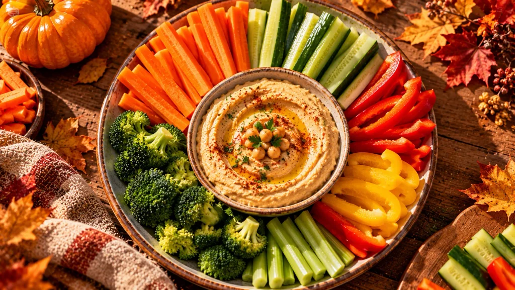 Hummus with carrots cucumber peppers celery and broccoli