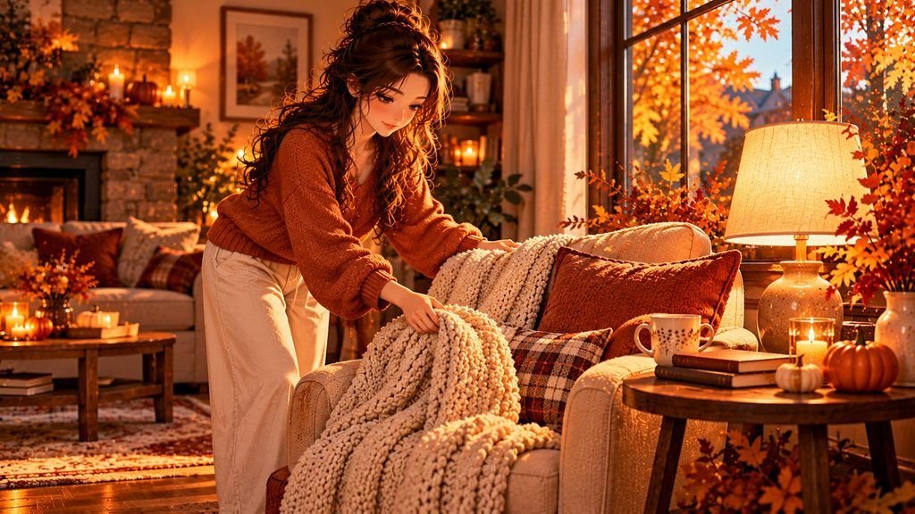 Anime-style woman arranging a cozy fall reading corner with a knitted blanket, warm lamp, books, and mini pumpkins.