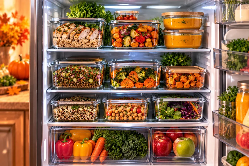 Refrigerated meal-prep lunches in sealed glass containers with cooked chicken, rice, soup, and vegetables.