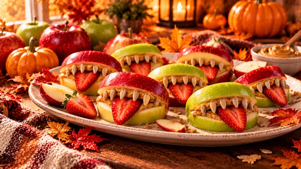 Apple wedge monster mouths filled with nut butter and decorated with strawberry tongues for Halloween.