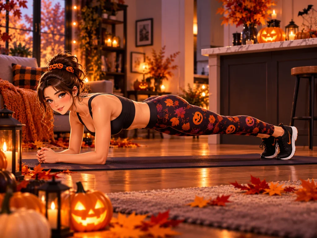 Anime-style woman holding a straight-body plank on an exercise mat in a cozy Halloween-decorated home gym.