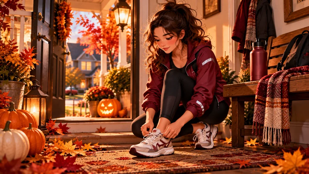 Anime-style adult preparing for a fall walk with supportive sneakers, water bottle and reflective outerwear in a cozy home entryway.