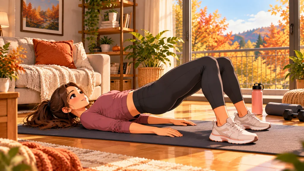 Beginner performing glute bridges on an exercise mat at home