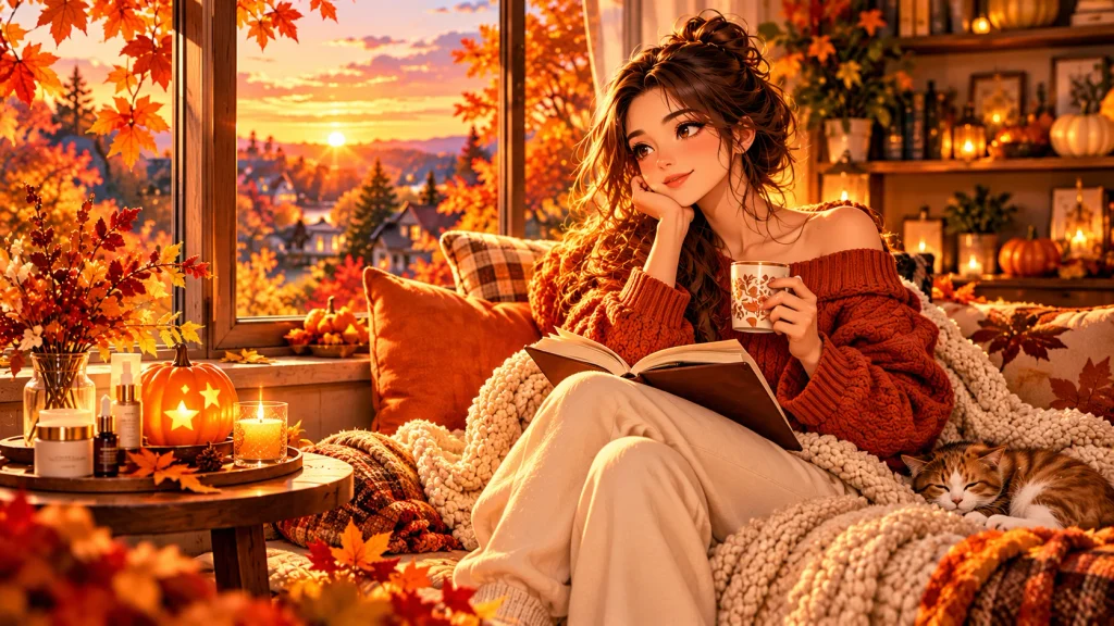 Anime-style illustration of a woman practicing spooky season self-care with a warm drink and journal beside an autumn window.