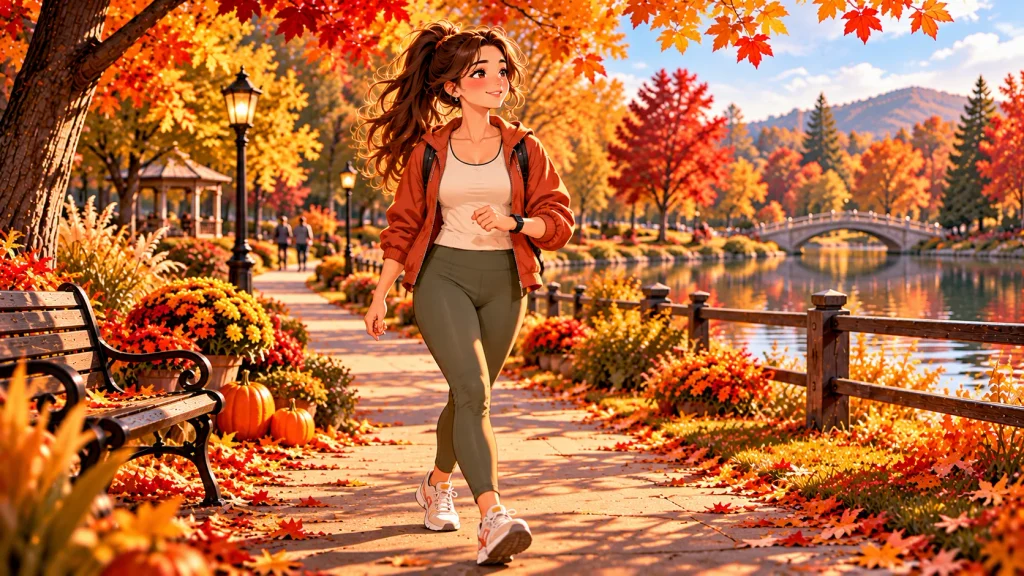 Anime-style adult walking at a comfortable pace on an autumn park trail in the United States.
