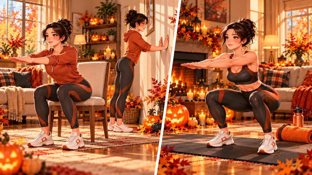 Anime-style illustration comparing supported beginner exercises with standard bodyweight movements at home.